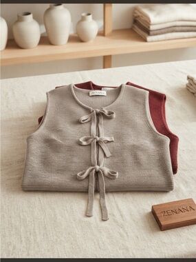 Tie-Front Sleeveless Knit Vest - Taupe